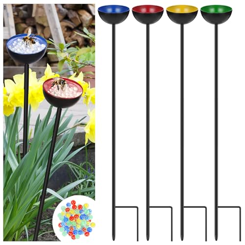 Lineshading 4 Pcs Bee Watering Station Butterfly Water Catcher Cups Small Insects Bee Feeders for Outside Feeding and Watering Metal Garden Stakes Garden Sculpture Decor - color: Fresh