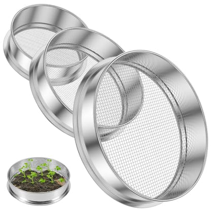 3Pcs Stainless Steel Garden Soil Sieve, 9.8" 7.9" 5.9" Stackable Soil Sifter Set,Gardening Soil Sifters Practical, Compost Sifter Compact Rock Sifter for Gardening