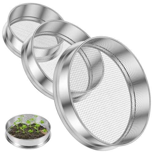 3Pcs Stainless Steel Garden Soil Sieve, 9.8" 7.9" 5.9" Stackable Soil Sifter Set,Gardening Soil Sifters Practical, Compost Sifter Compact Rock Sifter for Gardening