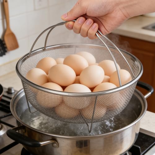 Unomor 9" Stainless Steel Fryer Basket – Mesh Deep Fry Strainer with Handle & Feet for Oil Draining, Steaming Veggies, Pasta, Eggs; Round Wire Insert Fits Most Pots for Home & Party Cooking