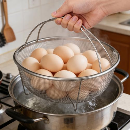 Unomor 9" Stainless Steel Fryer Basket – Mesh Deep Fry Strainer with Handle & Feet for Oil Draining, Steaming Veggies, Pasta, Eggs; Round Wire Insert Fits Most Pots for Home & Party Cooking