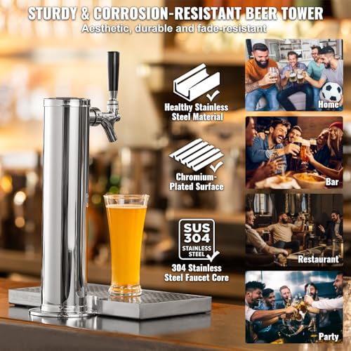 VEVOR Kegerator Tower Kit, Single Tap Beer Conversion Kit, Stainless Steel Keg Beer Tower Dispenser with Dual Gauge CGA320 Regulator & D-System Keg Coupler, Beer Drip Tray for Party Home - style: Single Tap