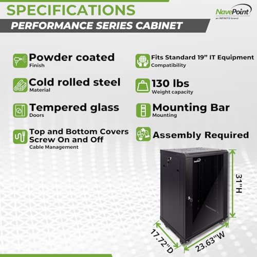 NavePoint 15U Server Cabinet Wall Mount Rack Enclosure with Caster Wheels, Includes 2 Fans, Locking Glass Door, Removable Side Panels – 15U Network Cabinet 17.7” Deep, 19”Server Rack for IT Equipment - size: 15U - 450mm Depth