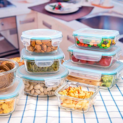 AILTEC Glass Food Storage Containers with Lids, [18 Piece] Glass Meal Prep Containers Set, Airtight Leak Proof, Oven Freezer Dishwasher Safe, BPA Free (9 Lid & 9 Container) - color: clear