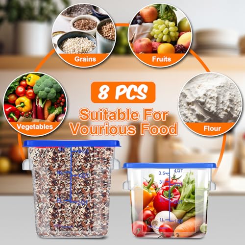 Suclain 8 Pack 4 QT and 6 QT Food Storage Containers with Lids Scales Handles Square Clear Restaurant Food Storage Containers Polycarbonate Commercial Grade for Kitchen Marinating Meat Dough(Blue) - color: Blue