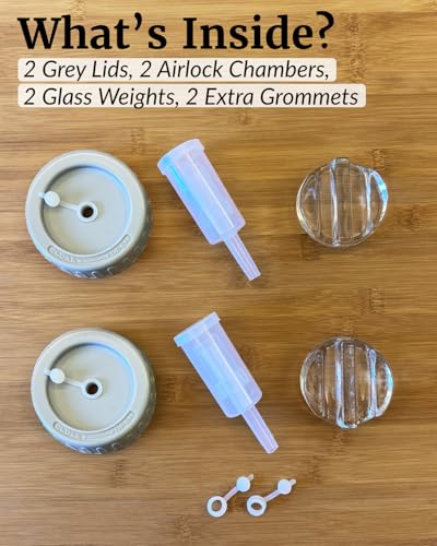 Elementi Fermentation Weights Kit - Set of 2 Glass Fermenting Weights and Mason Jar Fermentation Lids for Wide Mouth Mason Jars - Sauerkraut and Pickling Kit - style: Kit - Set of 2 Weights & Grey Lids
