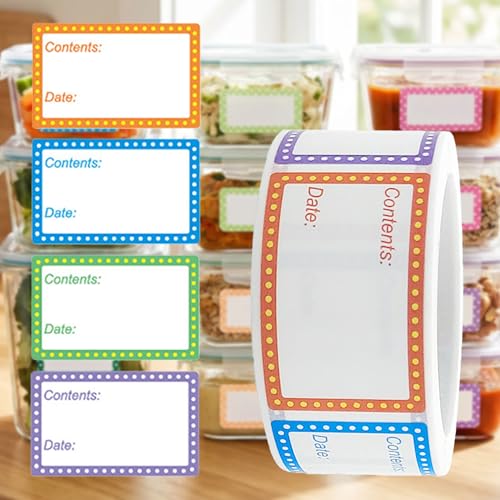 200PCS/Roll Freezer Labels, Removable Food Labels, 1x1.5 in Food Storage Stickers with Pre-Printed Date & Contents, Waterproof Bottle Labels for Kitchen Jars, Meal Prep Containers & Jam (8 Colors) - color: 200pcs-polka-dot Border Pre-printed