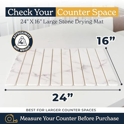 Oleex 3-Pack Stone Dish Drying Mat Set Includes 1 Large 24”x16” & 2 Small 4”x9” for Kitchen Counter-Collapsible Diatomaceous Earth Pad Absorbs Water & Dries Dishes Fast, Non-slip, Odor-Resistant Mats - color: White Marble