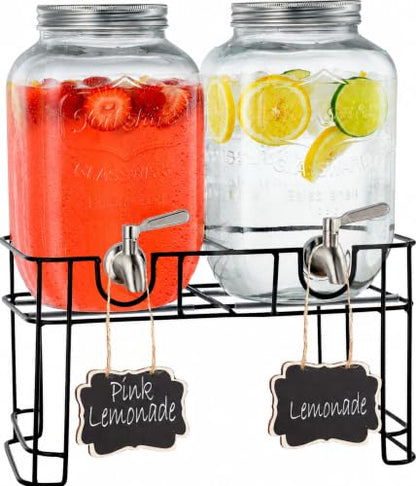 FineDine Glass Drink Dispenser with Stand & Stainless Steel Spigot – 1 Gallon drink dispensers for parties, glass beverage dispenser Set, punch bowl for Lemonade, Juice, 2 Pack - color: Clear