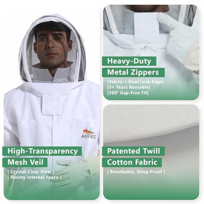 ANDES Sting Proof Bee Suit with Gloves & Fencing Veil, L(Fits 5'7"-5'11") | Professional Beekeeper outfit Kit, Wasp Resistant, Unisex, for Apiary Backyard Halloween, Beginner & Pro - size: Large