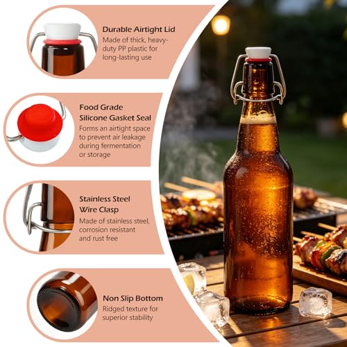 KEYWING 16oz Amber Swing Top Glass Bottles with Stoppers, 10 Pack Airtight Flip Top Bottles for Kombucha, Fermentation, Beer, Vanilla Extract, Soda, Mead, Cider, Kefir & Home Brewing - size: 16oz 10 pack