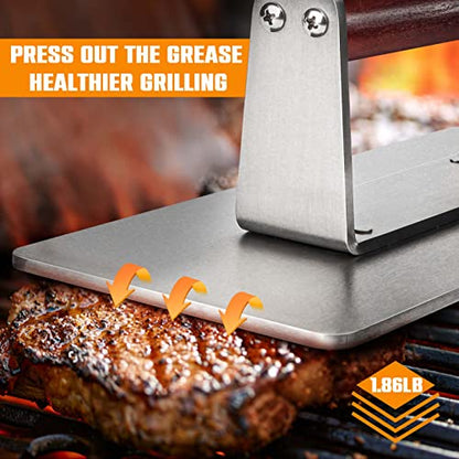 HULISEN Stainless Steel Bacon Press, 9 Inch Large Heavy Duty Burger Press with Wood Handle, Non-stick Grill Press for Griddle, Steak Weight Griddle BBQ Accessories for Panini, Sandwiches, Gift Package - size: 9 Inch Long Press