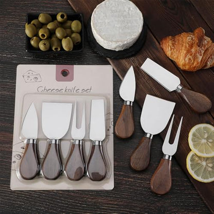 Linwnil 4-Piece Set of Stainless Steel Cheese Knives with Wood Hand, Including Cheese Slicer and Cheese Cutters, Essential Cheese Tools for the Kitchen (Walnut handle, Silver) - color: Silver