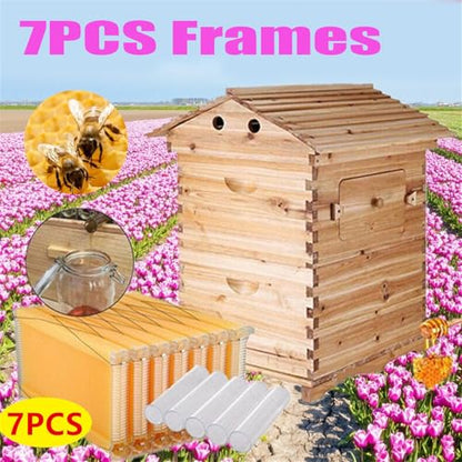 Beehive Starter Kit, Self-Flowing Honey Beehive with Observation Window and Honey Spout, Bee Hives Boxes with Built-in Honey Extraction System for Backyard Beekeeping Cabin Style Beehive