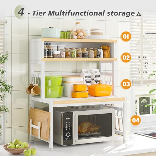 EnHomee 4-Tier Microwave Stand for Kitchen Storage, White | 205 lb Capacity, Adjustable Kitchen Shelves with 9 Hooks & Cutting Board Rack - color: White