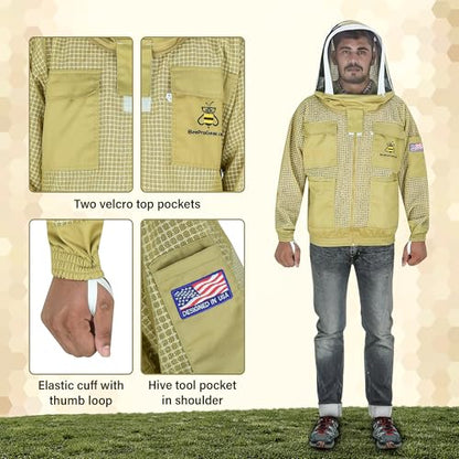 3-Layer Ventilated Mesh Bee Jacket for Men & Women with Veils Sting-Proof Beekeeping Jacket with Leather Gloves & Bag - color: Brown Dual Veil, size: XX-Large