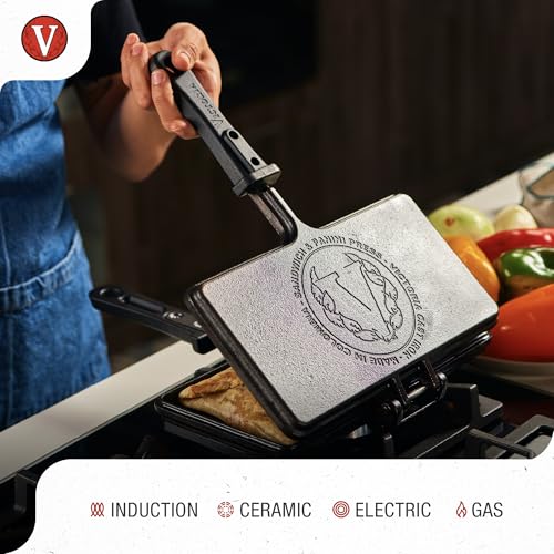 Victoria Cast Iron Panini Maker, Preseasoned Cast Iron Sandwich Maker and Pie Iron with Heat-Resistant Handle, Made in Colombia