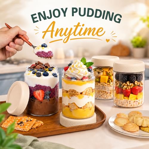 Overnight Oats Containers with Lids, 16oz Glass Storage Containers with Lids, Wide Mouth Mason Jars, Glass Jars with Airtight Lids for Sugar, Yogurt, Chia Seed, Pudding, Meal Prep 6-Pack - color: Beige