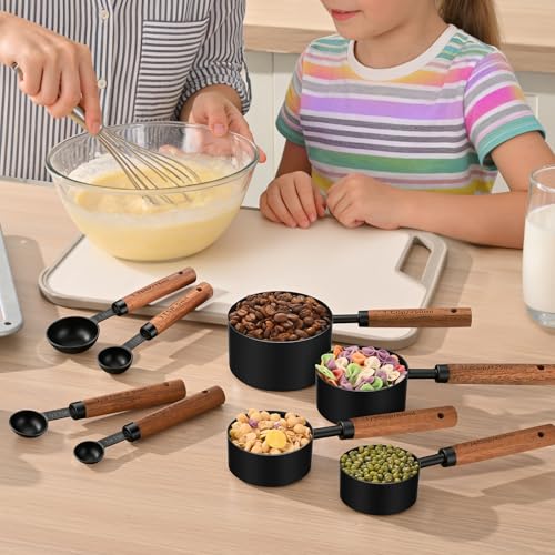 Wooden Handle Measuring Cups & Spoons Set 8-Piece – Stainless Steel, Stackable, Rustic Farmhouse Kitchen Gadgets, Non-Toxic, Dishwasher Safe, Gift for Bakers & New Homeowners - size: Black-wood handle