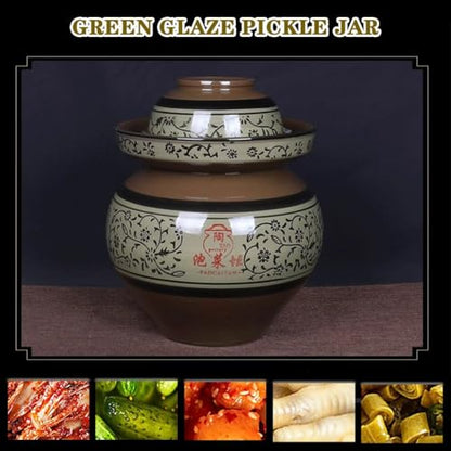 Green Glaze Vine Pattern Chinese Pickle Jar, Natural Clay Classic Fermentation Tank, Cucumber Fermenting Crock, Large Diameter + Stable Bottom(11kg/388oz) - size: 11kg/388oz