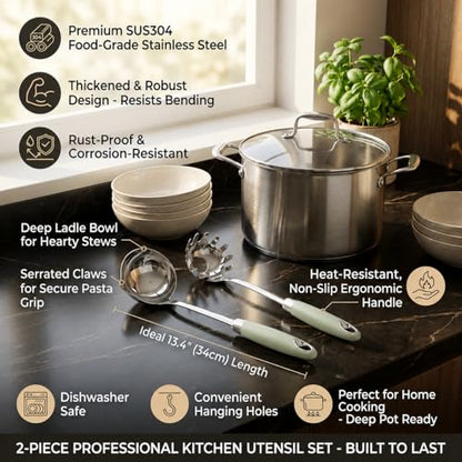 18/10 Stainless Steel Soup Ladle and Pasta Server Set, 2-Piece | Premium 18/10 stainless steel soup ladle and pasta server with ergonomic heat-resistant handles for everyday cooking. - color: Green