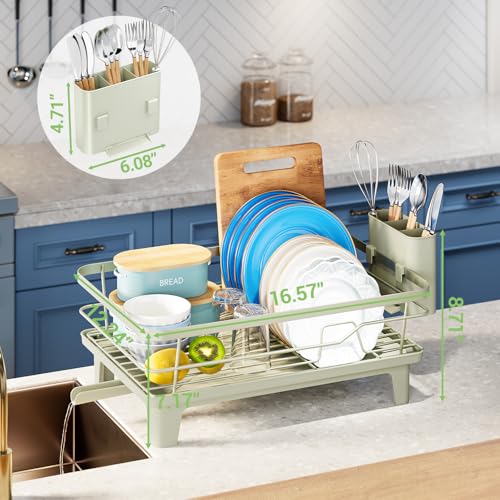 Urackify Dish Drying Rack for Kitchen Counter, Sink Dish Rack with Drainboard, Large Dish Drainer with Cups Holder, Home Countertop Plate Dryer Storage Rack with Cutlery Holder, Soft Celery Green - color: Soft Celery Green