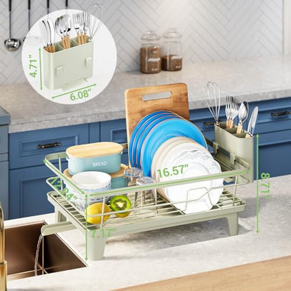 Urackify Dish Drying Rack for Kitchen Counter, Sink Dish Rack with Drainboard, Large Dish Drainer with Cups Holder, Home Countertop Plate Dryer Storage Rack with Cutlery Holder, Soft Celery Green - color: Soft Celery Green