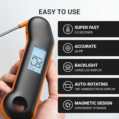 ThermoMaven Professional Meat Thermometer, Instant Read in 0.5 Sec, NIST Certified Accuracy ±0.5°F, IP67 Waterproof, Ambidextrous Backlight, Auto-Rotating Display, for BBQ/Grill/Cooking, Black&Orange - color: Black&Orange
