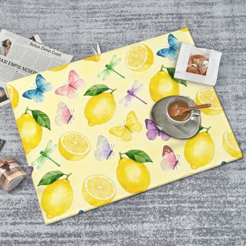 Kitchen Drying Mat for Countertop Fresh Lemon Butterfly Garden Pattern Non-Slip Kitchen Counter Mat for Dishes Glassware - color: Yellow Soft Green