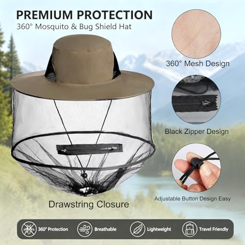 Sucrain Mosquito Head Net Hat Sun Hat Garden Bug Hat with Hidden Net Mesh for Outdoor Gardening Beekeeping - color: Hot Beige