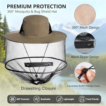 Sucrain Mosquito Head Net Hat Sun Hat Garden Bug Hat with Hidden Net Mesh for Outdoor Gardening Beekeeping - color: Hot Beige