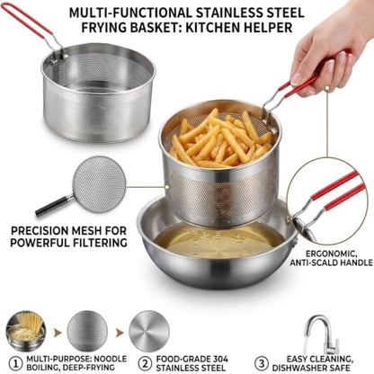 Pasta Strainer Set of 2, Stainless Steel Noodle Strainer, One with a Removable Handle, One without a Handle; Metal Pasta Strainer for Washing, Draining, Deep-frying, Boiling, and Steaming