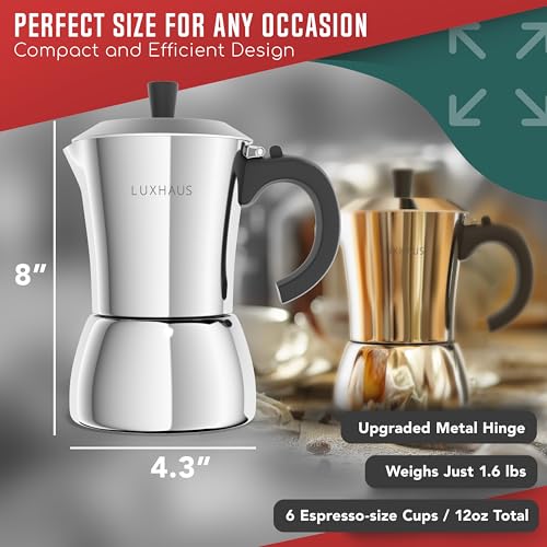 LuxHaus 6 Cup Moka Pot (2oz each cup - 12oz total) Stovetop Espresso Maker - Stainless Steel Italian and Cuban Mocha Coffee Maker - size: 6 Cup