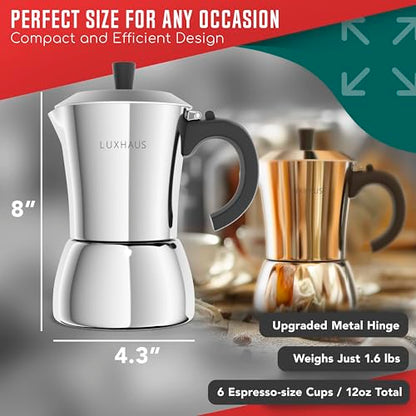 LuxHaus 6 Cup Moka Pot (2oz each cup - 12oz total) Stovetop Espresso Maker - Stainless Steel Italian and Cuban Mocha Coffee Maker - size: 6 Cup