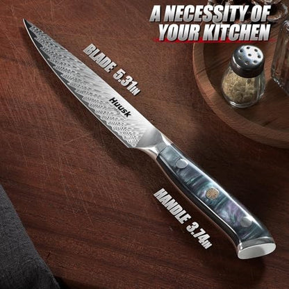 Huusk Japanese Kitchen Utility Knife 5" - Stainless Small Chef Knife with Resin Handle & Sheath, Full Tang Japanese Petty Knives for All Purpose, Sharp Paring Knives for Vegetable & Fruit, Men Gifts