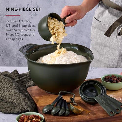 KitchenAid Plastic Measuring Cups and Spoon Set, Set of 9, /4, 1/2, 1/3, and 1 cup sizes, and 1 tbsp, 1/2 tbsp, 1 tsp, 1/2 tsp and 1/4 tsp, Evergreen - color: Evergreen