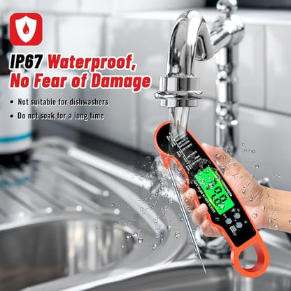 Meat Thermometer Digital, IP67 Waterproof Food Thermometer for Cooking and Baking, Instant Read Meat Thermometer with Backlight, Hold Function & Magnet for Kitchen, Beef, Grill, BBQ, Candy, Turkey - color: Orange