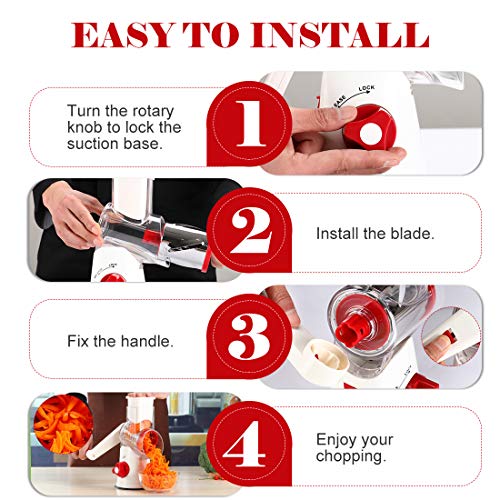 Cambom Rotary Cheese Grater Hand Crank Cheese Shredder for Fresh Cheese, Vegetable, Nuts,Non-slip Suction Base, Free Cleaning Brush Three Blades,Red White - color: Red+White, size: 3 BLADES