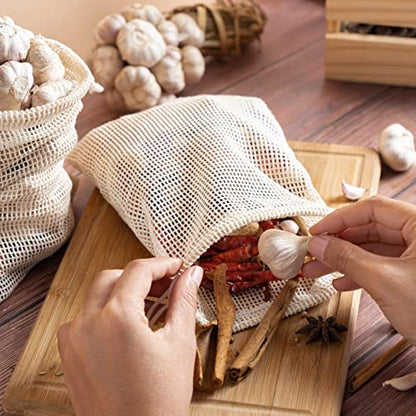 PALTERWEAR 100 Percent Natural Cotton Double Drawstring Mesh Bag For Herbs, Nuts, Spices (6 x 8 Inch - Set of 5) - size: 6 x 8 Inch - Set of 5