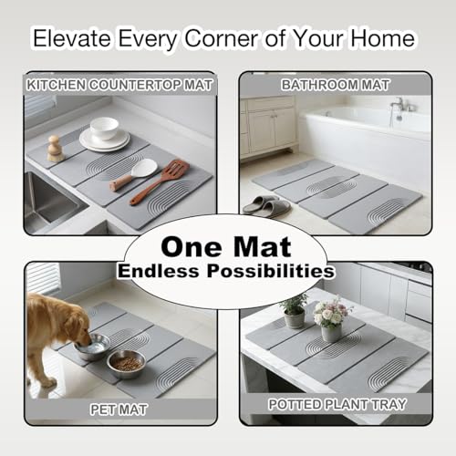 Large Stone Dish Drying Mat for Kitchen Counter,Collapsable Stone Dish Drying Mat with Diatomaceous Earth for Quick Drying-Ultra Absorbent-Eco-Friendly,Foldable -23.6"×15.7" Light Gray Curved Grooves - color: HXTY-Light Gray