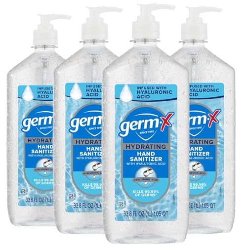 Germ-X Hydrating Hand Sanitizer, with Hyaluronic Acid, 1L (Pack of 4) Bulk Pack, No Rinse Formula, Sanitizing Liquid Gel for All Skin Types, Formulated without Parabens, Phthalates & Dyes - size: 33.8 Fl Oz (Pack of 4)