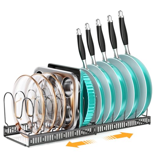 MUDEELA Pot and Pan Organizer Rack for under Cabinet, Expandable 11.81''-22.85'' Pot Lid Kitchen Cabinet Organizer Holder with 12 Adjustable Compartment Cutting Board Organizer for Pan Lid, Bakeware - style: 12 Dividers-Black