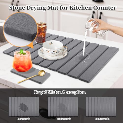 Diatomaceous Stone Drying Mat for Kitchen Counter with Sink Faucet Mat, Gray Absorbent Quick Dry Dish Drying Mat Set, Diatomite Stone Slat Countertop Pad for Dishes, Cups - color: Gray