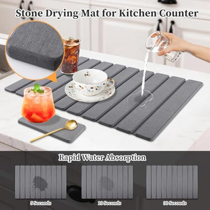 Diatomaceous Stone Drying Mat for Kitchen Counter with Sink Faucet Mat, Gray Absorbent Quick Dry Dish Drying Mat Set, Diatomite Stone Slat Countertop Pad for Dishes, Cups - color: Gray