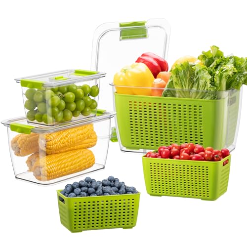 LUXEAR Fresh Container, 3PACK Produce Saver Container BPA Free Fridge Organizer for Vegetable Fruit and Salad Partitioned Food Storage Container with Vents Stay Fresh Containers Not Dishwashers Safe - color: Green