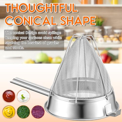 SiliFine 10 Inch Stainless Steel Reinforced Bouillon Sieve Strainer Cone Fine Mesh Strainer with Handle and Rubber Pestle for Kitchen Food Cooking - size: 10 Inch