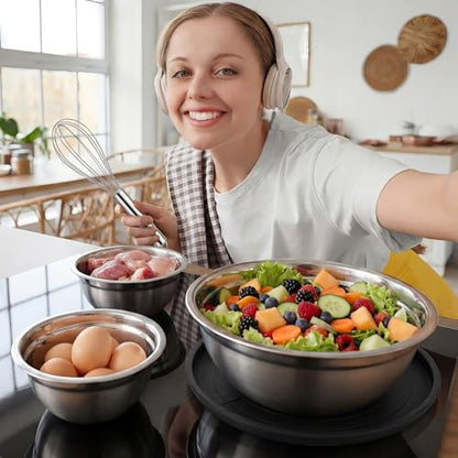 18 Pack Stainless Steel Mixing Bowls with Lids Set Includes Stainless Steel Measuring Cups and Spoons Wire Balloon Whisk Silicone Spatulas Suitable for Kitchen Cooking Baking(Black) - color: Black