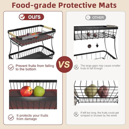 Sevenblue 3-Tier Fruit Basket with Banana Hangers, Detachable Metal Bowl | Wooden handle, protective mats included. Versatile holder for bread, snacks, and veggies. Large 3 tier metal design. - color: Silver, size: 3 Tier