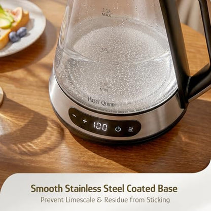 Hazel Quinn Glass And Stainless Steel Electric Kettle, 1.5 Liters Tea Kettle And Hot Water Kettle, BPA-Free, ±1°C Temp Control, 24H Keep Warm, 1000W Fast Quiet Boil, Anti-Residue Bottom, Auto Shut-Off