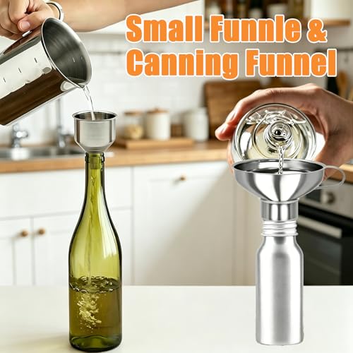 Stainless Steel Canning Funnel Set, Wide Mouth Kitchen Funnels with Strainer & Mesh, 5 Pack Canning Supplies for Mason Jars, Bottles, Jam, Liquids and Dry Goods